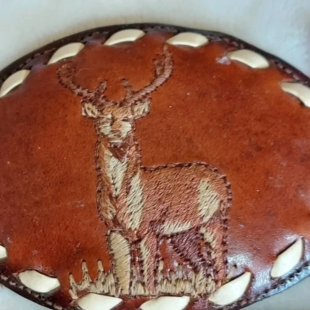 Vintage Nocona Brown Leather‎ Oval Belt Buckle with Embroidered Buck